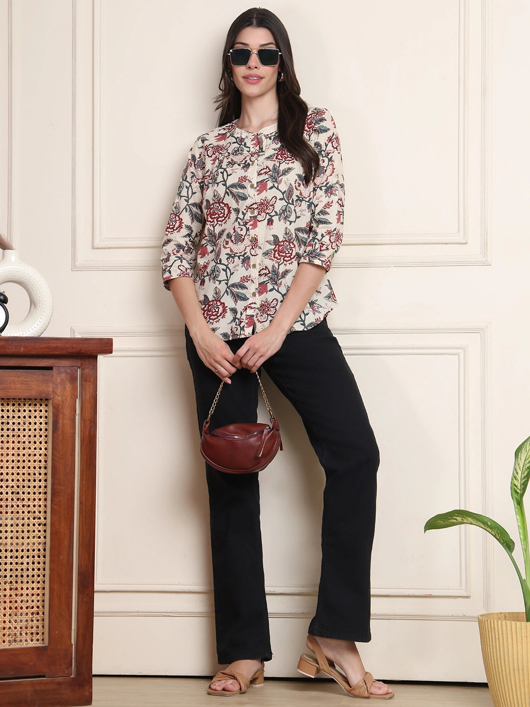 Off White Kalamkari Floral Print Gathered Pure Cotton Top