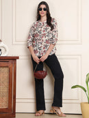 Off White Kalamkari Floral Print Gathered Pure Cotton Top