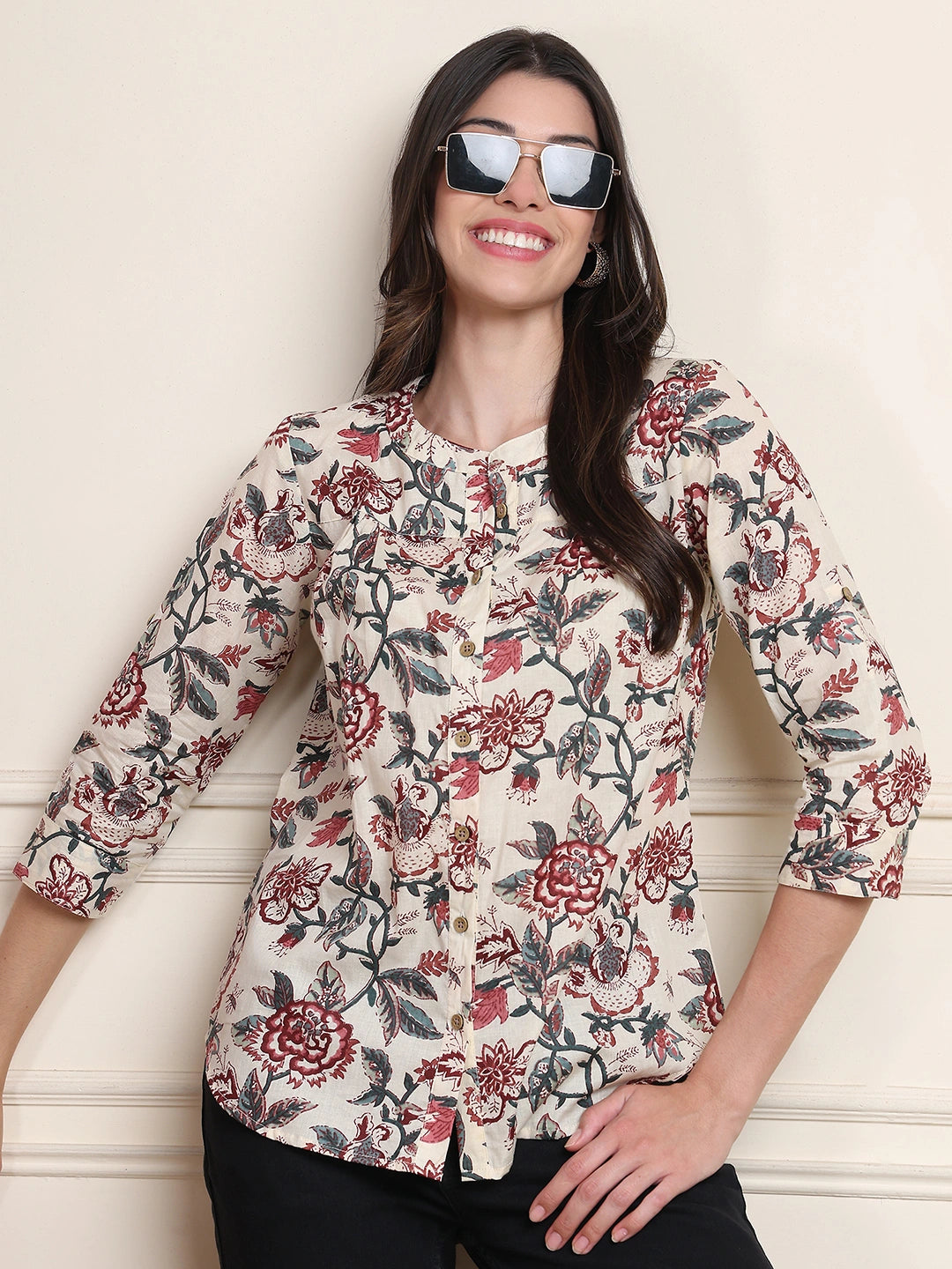 Off White Kalamkari Floral Print Gathered Pure Cotton Top