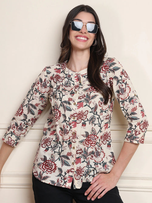 Off White Kalamkari Floral Print Gathered Pure Cotton Top