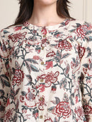 Off White Kalamkari Floral Print Gathered Pure Cotton Top