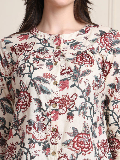 Off White Kalamkari Floral Print Gathered Pure Cotton Top