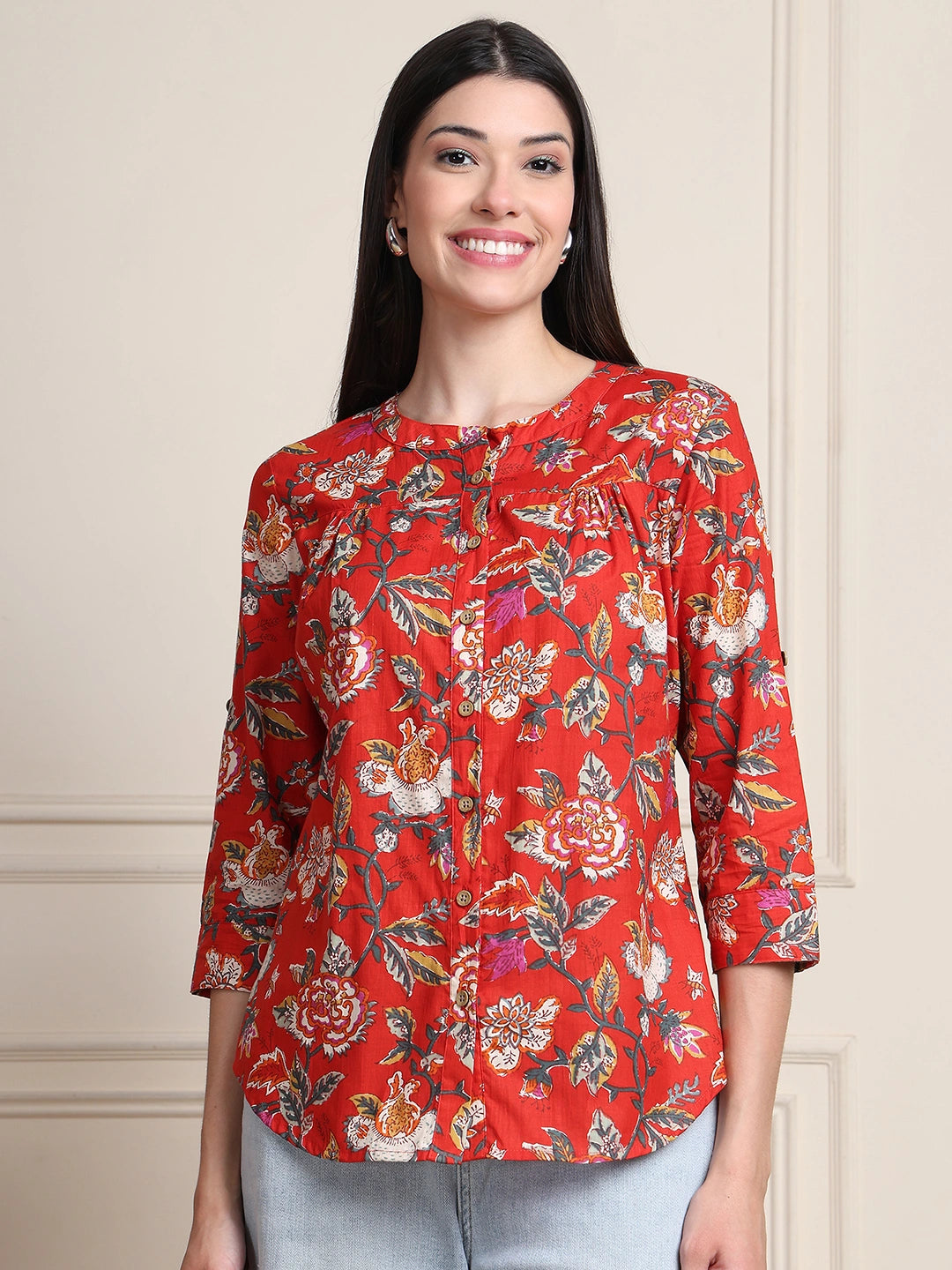 Off White Kalamkari Floral Print Gathered Pure Cotton Top