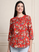 Off White Kalamkari Floral Print Gathered Pure Cotton Top