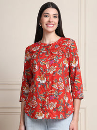 Off White Kalamkari Floral Print Gathered Pure Cotton Top