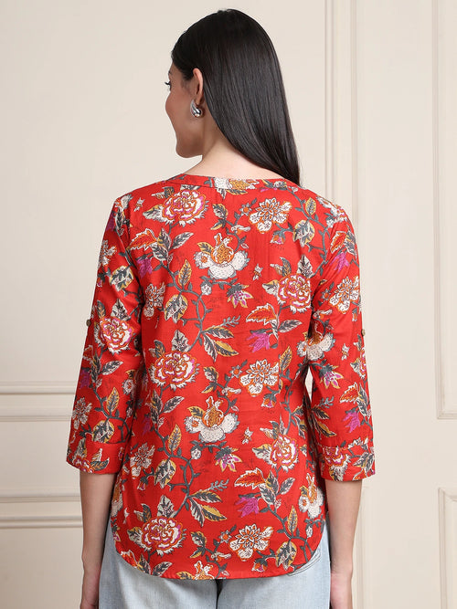 Off White Kalamkari Floral Print Gathered Pure Cotton Top