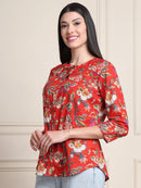 Off White Kalamkari Floral Print Gathered Pure Cotton Top