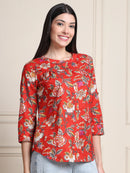 Off White Kalamkari Floral Print Gathered Pure Cotton Top