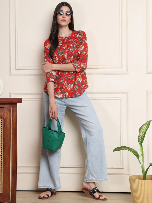 Off White Kalamkari Floral Print Gathered Pure Cotton Top
