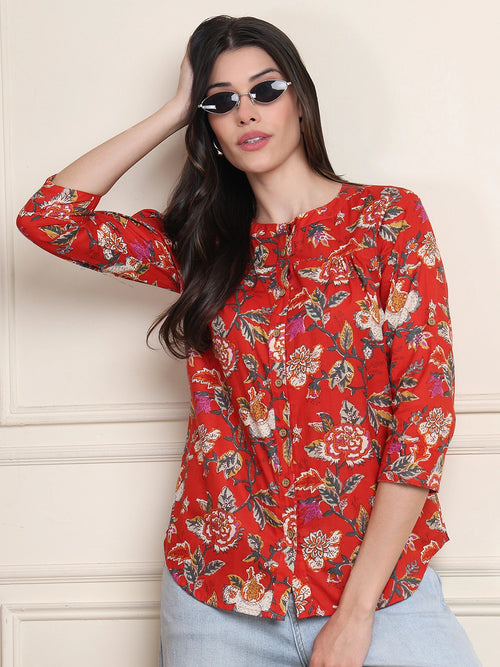 Off White Kalamkari Floral Print Gathered Pure Cotton Top