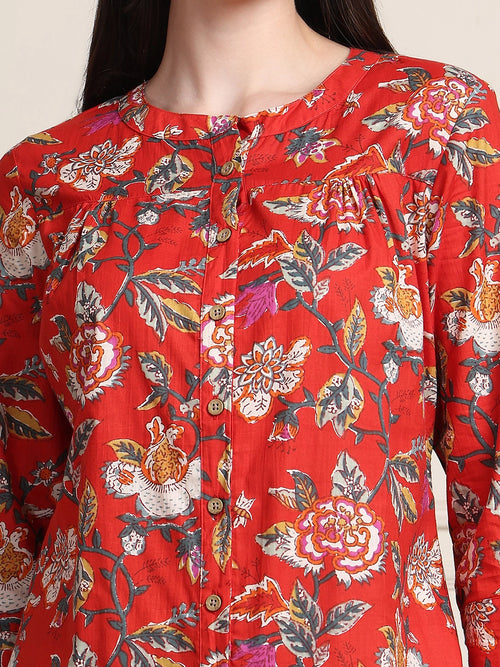 Off White Kalamkari Floral Print Gathered Pure Cotton Top
