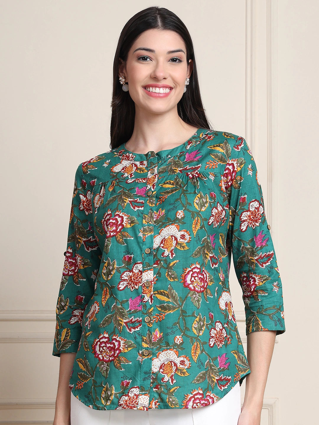 Green Kalamkari Floral Print Gathered Pure Cotton Top