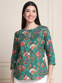 Green Kalamkari Floral Print Gathered Pure Cotton Top