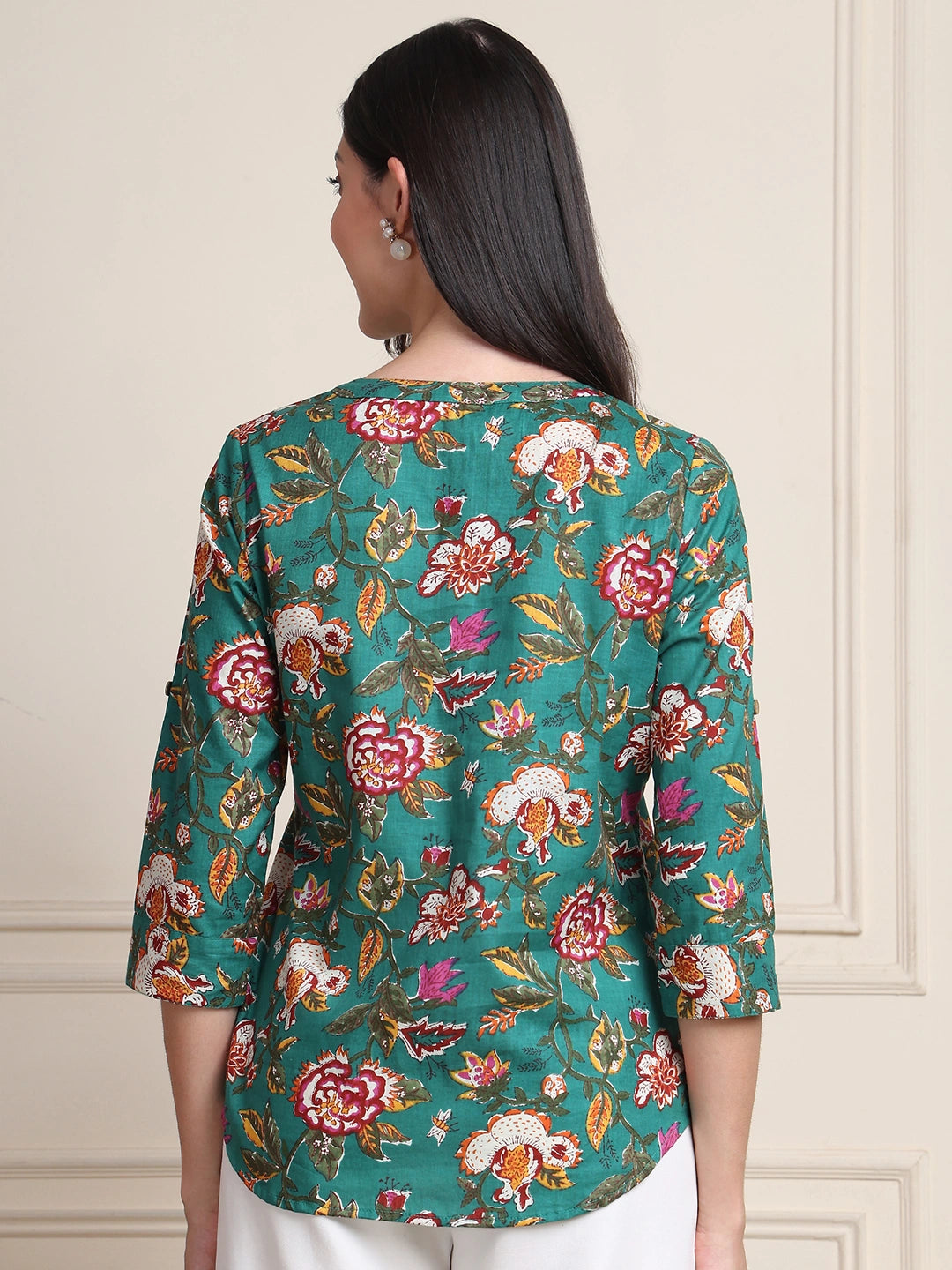 Green Kalamkari Floral Print Gathered Pure Cotton Top