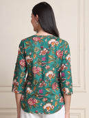 Green Kalamkari Floral Print Gathered Pure Cotton Top