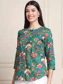 Green Kalamkari Floral Print Gathered Pure Cotton Top