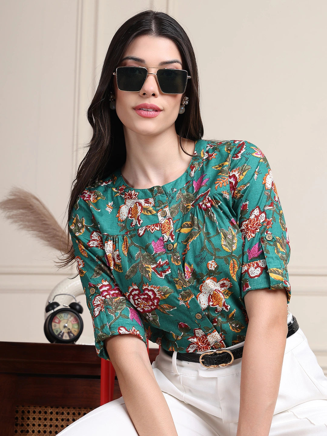 Green Kalamkari Floral Print Gathered Pure Cotton Top