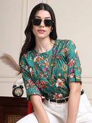 Green Kalamkari Floral Print Gathered Pure Cotton Top