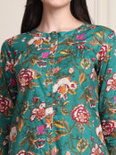 Green Kalamkari Floral Print Gathered Pure Cotton Top