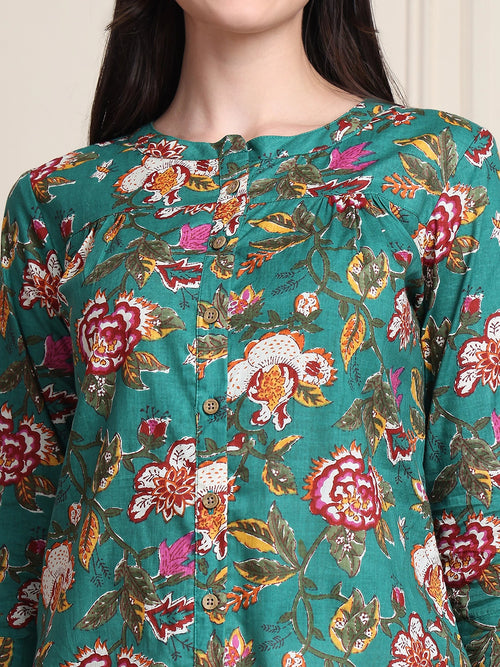 Green Kalamkari Floral Print Gathered Pure Cotton Top