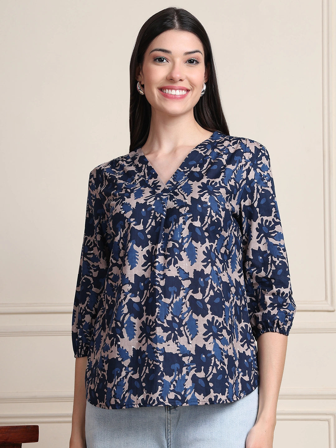 Navy Blue Abstract Print Gathered Pure Cotton Top