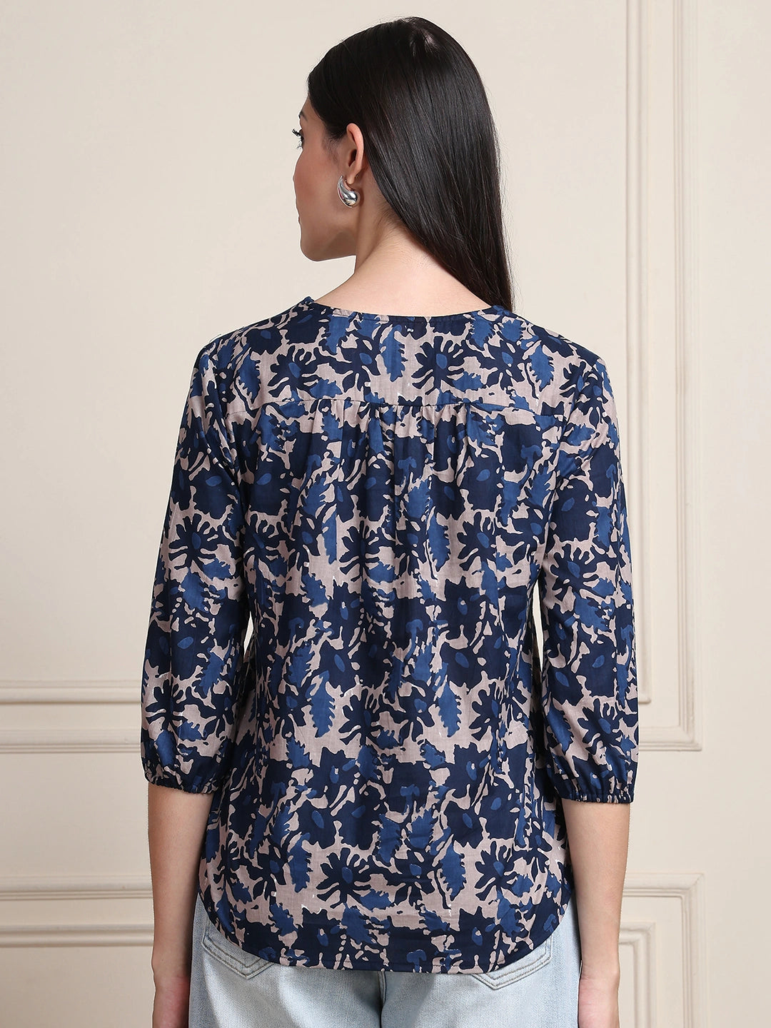 Navy Blue Abstract Print Gathered Pure Cotton Top