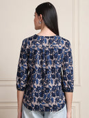 Navy Blue Abstract Print Gathered Pure Cotton Top