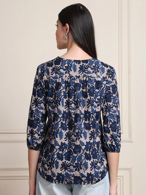Navy Blue Abstract Print Gathered Pure Cotton Top