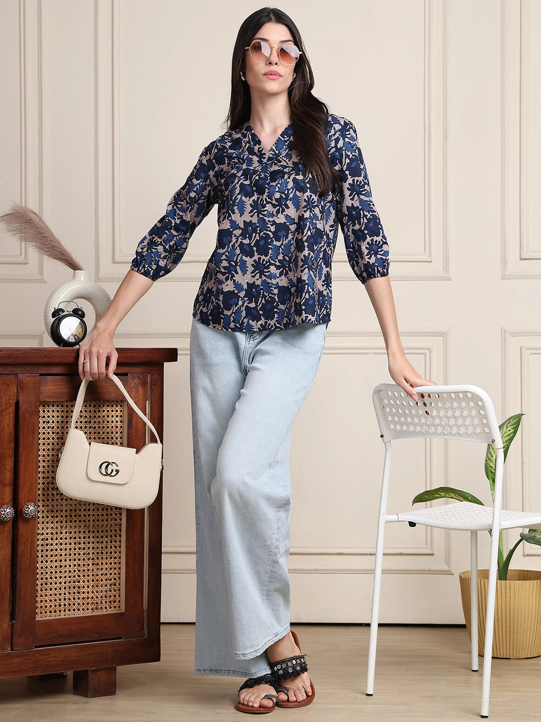 Navy Blue Abstract Print Gathered Pure Cotton Top