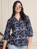 Navy Blue Abstract Print Gathered Pure Cotton Top