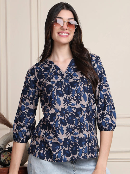 Navy Blue Abstract Print Gathered Pure Cotton Top