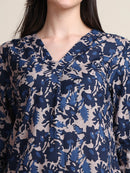 Navy Blue Abstract Print Gathered Pure Cotton Top