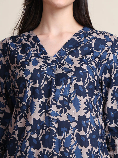 Navy Blue Abstract Print Gathered Pure Cotton Top
