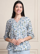 White Floral Print Pure Cotton Top