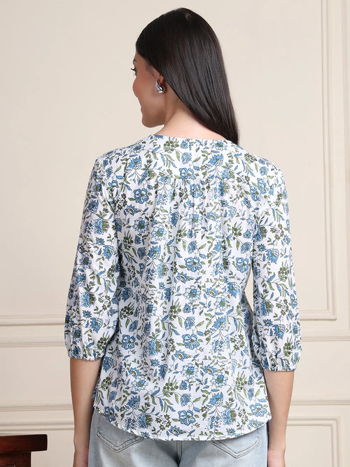 White Floral Print Pure Cotton Top