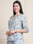White Floral Print Pure Cotton Top