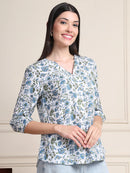 White Floral Print Pure Cotton Top