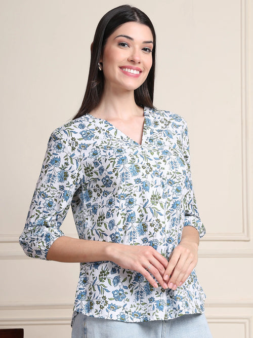 White Floral Print Pure Cotton Top