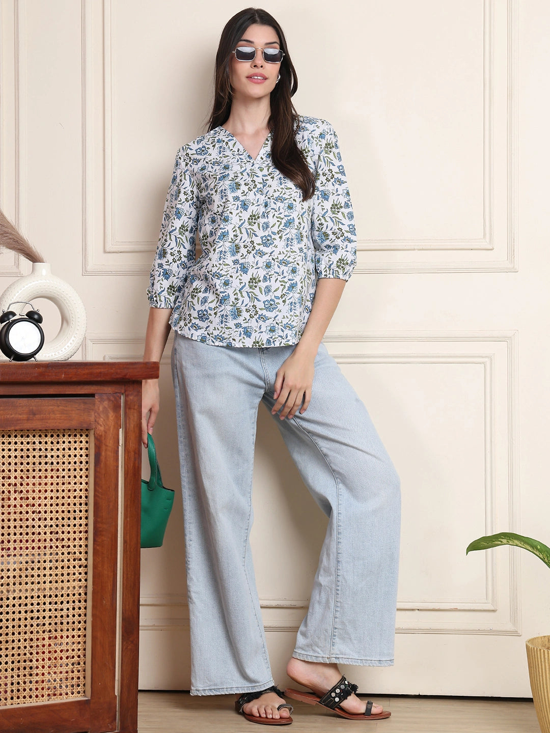 White Floral Print Pure Cotton Top