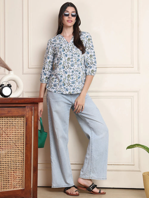 White Floral Print Pure Cotton Top
