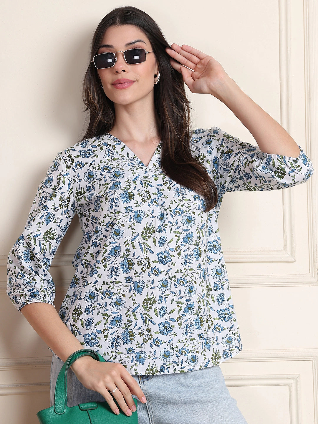 White Floral Print Pure Cotton Top