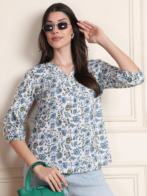 White Floral Print Pure Cotton Top
