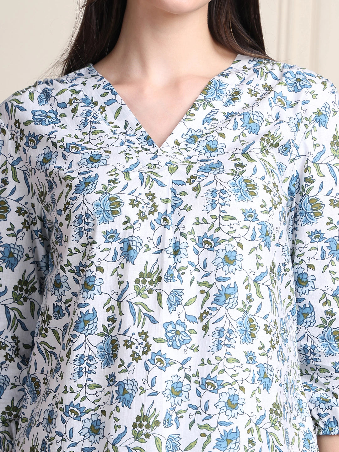 White Floral Print Pure Cotton Top