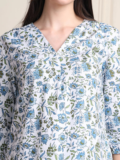 White Floral Print Pure Cotton Top