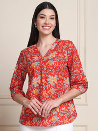 Red Floral Print Gathered Slip-on Pure Cotton Top
