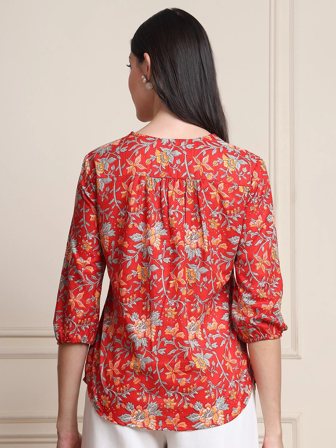 Red Floral Print Gathered Slip-on Pure Cotton Top