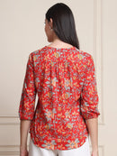 Red Floral Print Gathered Slip-on Pure Cotton Top