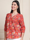 Red Floral Print Gathered Slip-on Pure Cotton Top