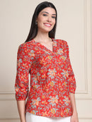 Red Floral Print Gathered Slip-on Pure Cotton Top