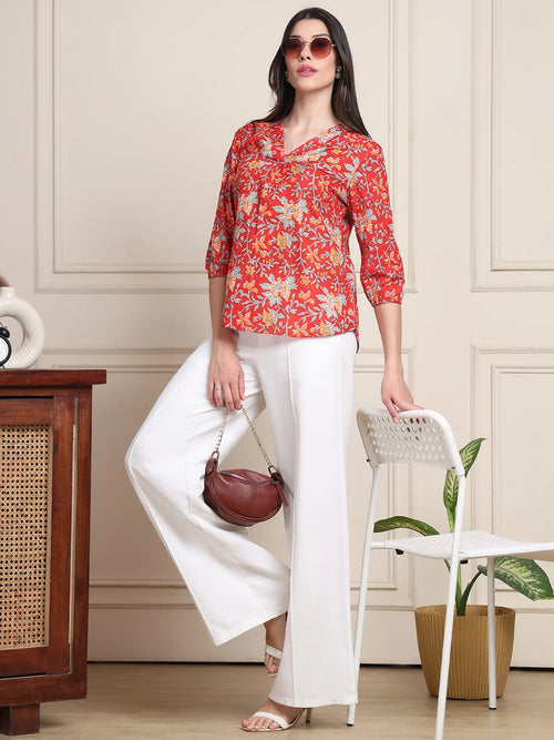 Red Floral Print Gathered Slip-on Pure Cotton Top